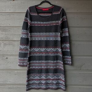 Krimson Klover 100% Wool Long Sleeve FairIsle Knit Dress Size Large Gray Red